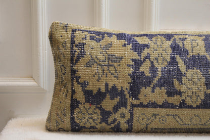 Vintage Floral Kilim Pillow – 30x120” Turkish Rug, Muted Blue Cream