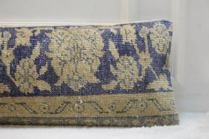 Vintage Floral Kilim Pillow – 30x120” Turkish Rug, Muted Blue Cream