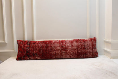 Red Turkish Kilim Pillow – 30x120" Vintage Lumbar Cushion, Draft Stopper