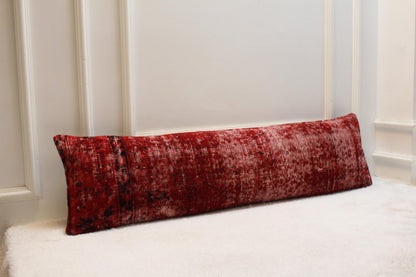 Red Turkish Kilim Pillow – 30x120" Vintage Lumbar Cushion, Draft Stopper