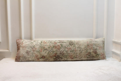 Handmade Turkish Kilim Pillow – Pastel Floral Lumbar Cushion, 30x120”