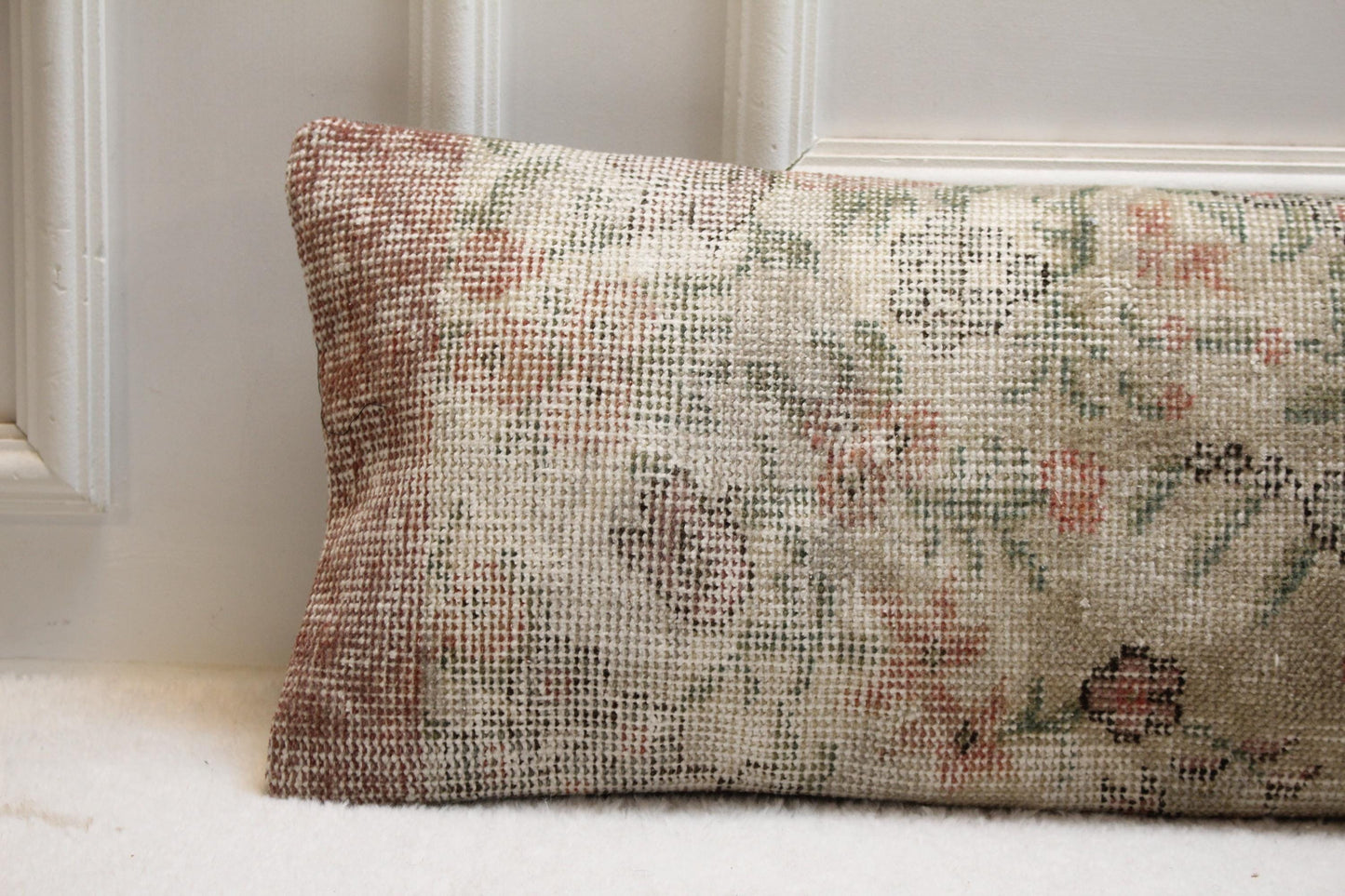 Handmade Turkish Kilim Pillow – Pastel Floral Lumbar Cushion, 30x120”