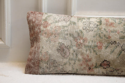 Handmade Turkish Kilim Pillow – Pastel Floral Lumbar Cushion, 30x120”