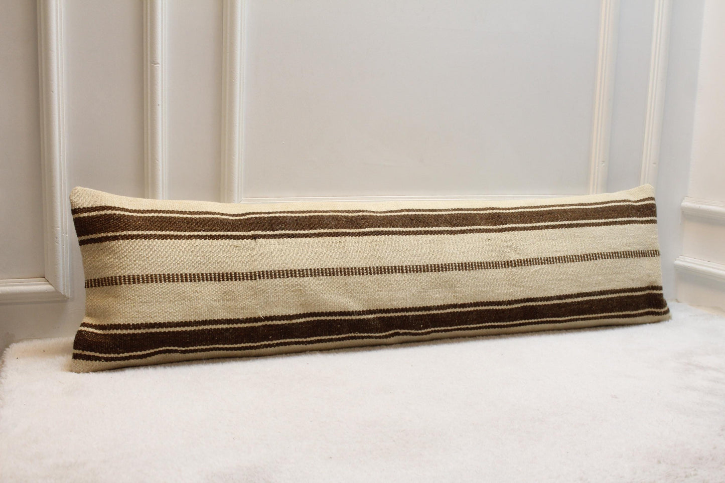 Handwoven Turkish Kilim Pillow – 30x120” Beige Brown Striped Cushion