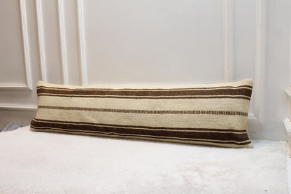 Handwoven Turkish Kilim Pillow – 30x120” Beige Brown Striped Cushion