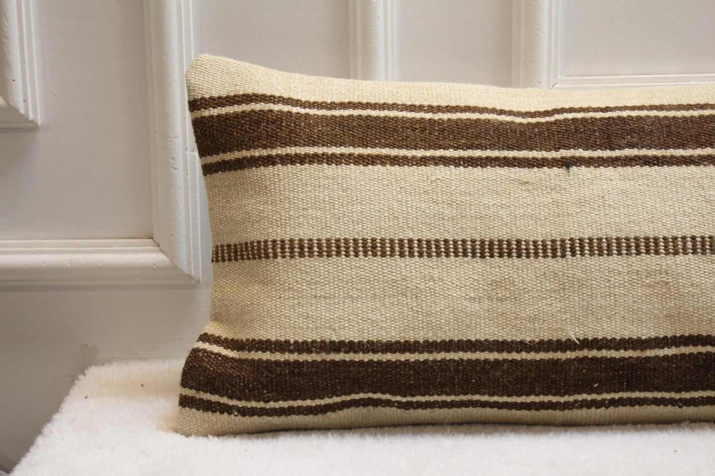 Handwoven Turkish Kilim Pillow – 30x120” Beige Brown Striped Cushion