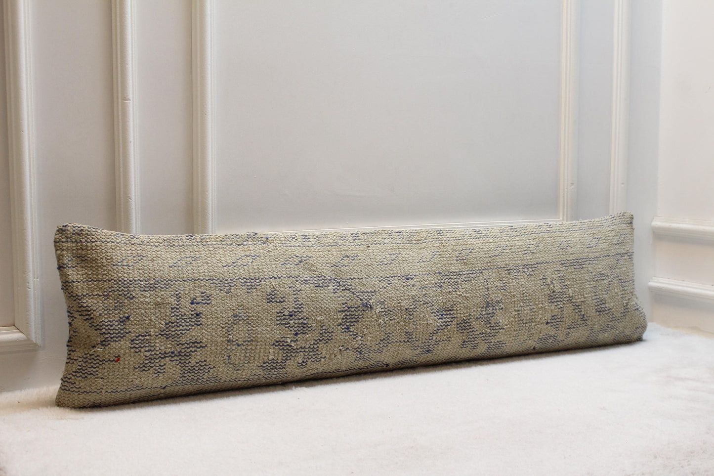 Handmade Turkish Kilim Draft Stopper – Beige & Gray Lumbar Pillow, 30x120"
