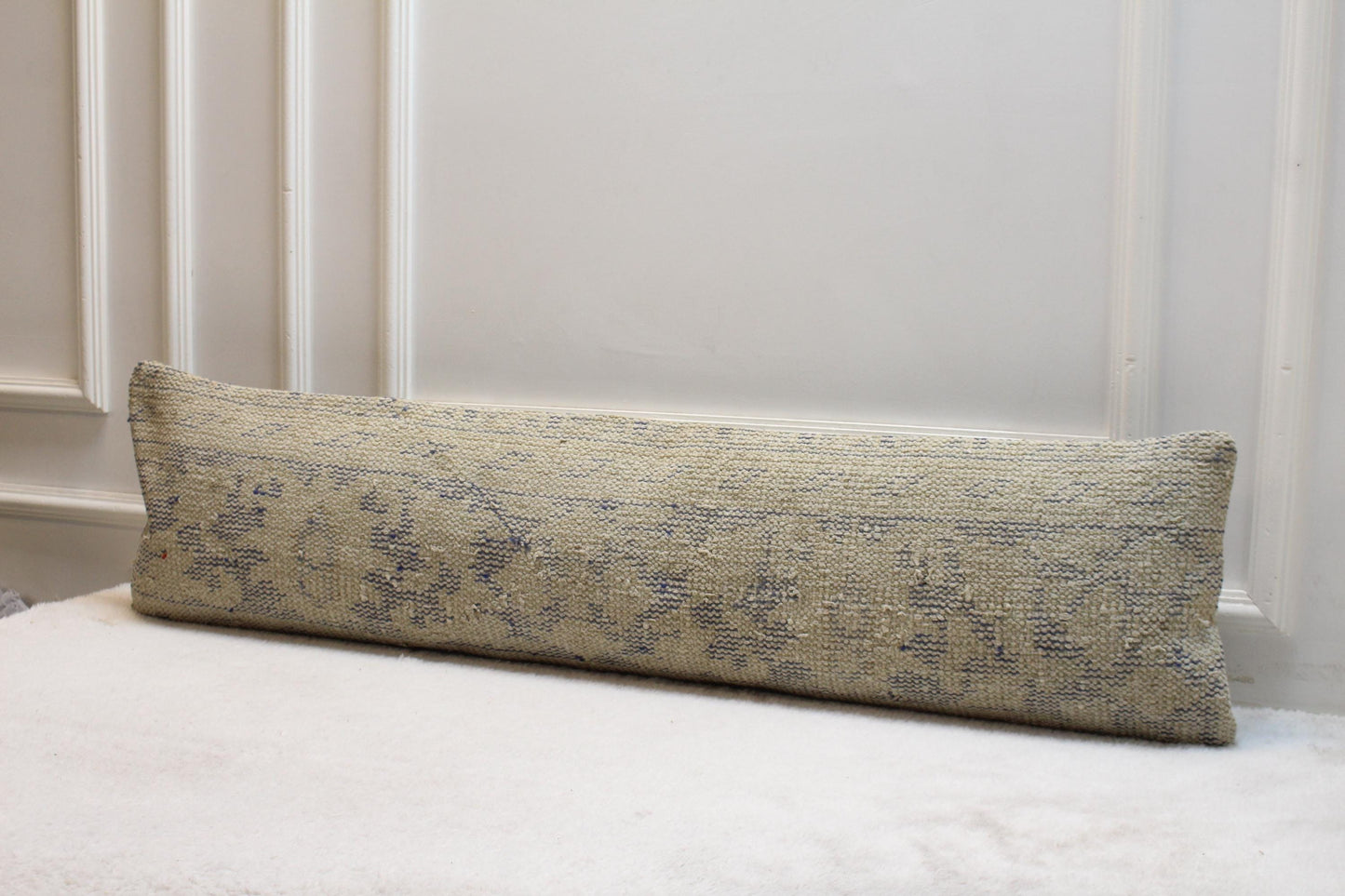 Handmade Turkish Kilim Draft Stopper – Beige & Gray Lumbar Pillow, 30x120"