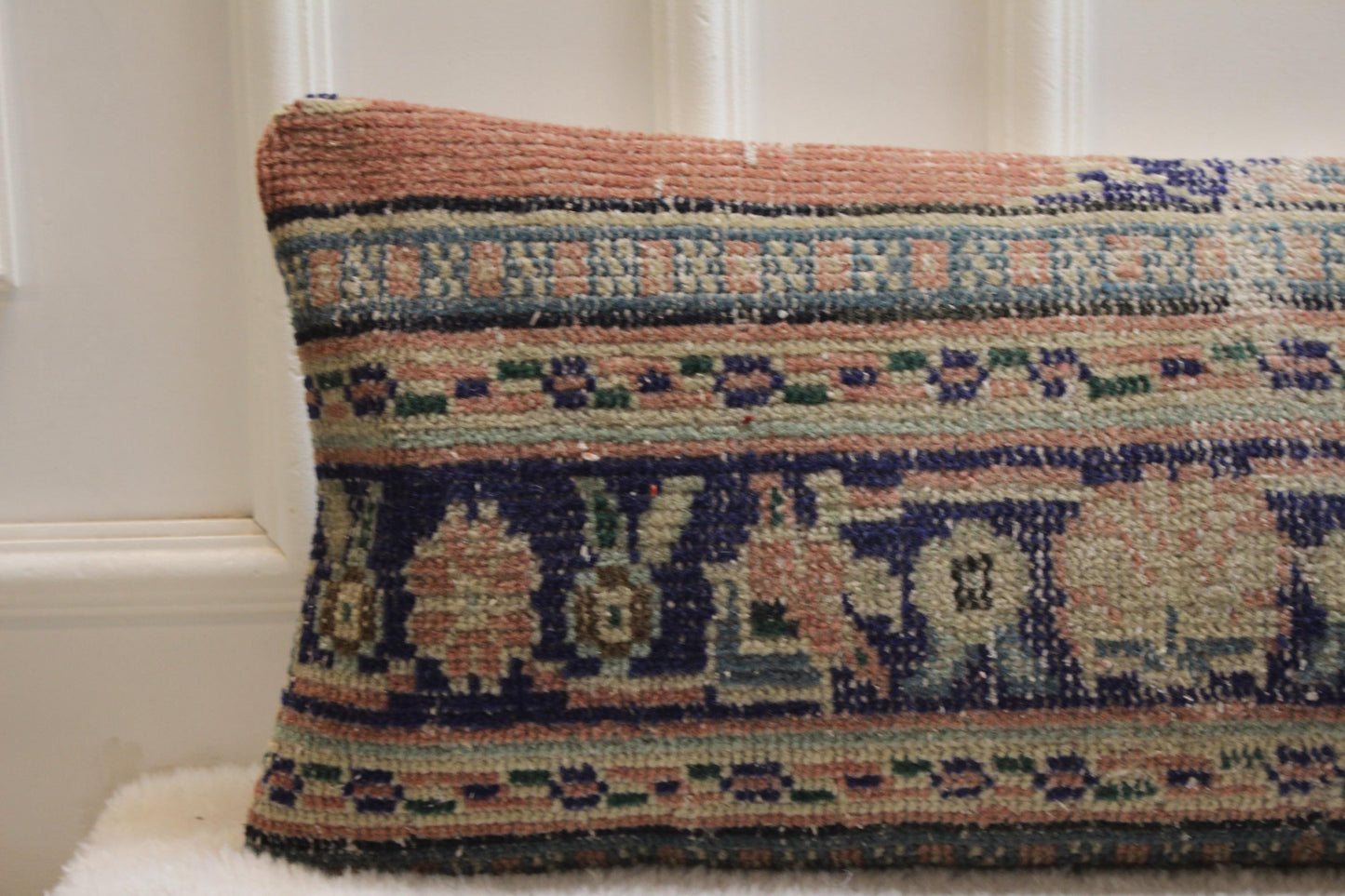 Handwoven Kilim Pillow – Turkish Floral Long Cushion, Navy Olive Peach