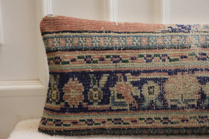 Handwoven Kilim Pillow – Turkish Floral Long Cushion, Navy Olive Peach