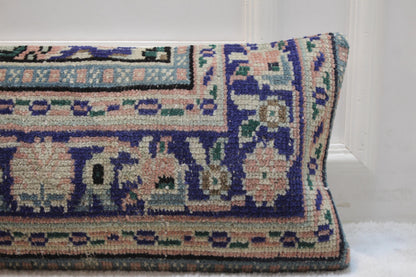 Handwoven Kilim Pillow – Turkish Floral Long Cushion, Navy Olive Peach