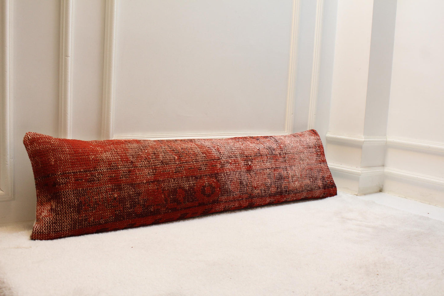 Handmade Turkish Kilim Lumbar Pillow – Burnt Red Tribal Cushion (30x120”)