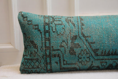 Handmade Turkish Kilim Lumbar Pillow – Turquoise Bohemian Decor (30x120")