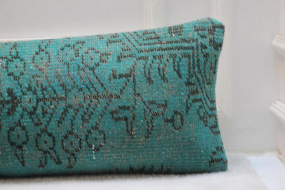 Handmade Turkish Kilim Lumbar Pillow – Turquoise Bohemian Decor (30x120")