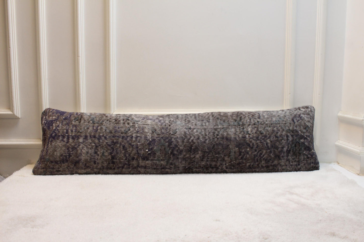 Vintage Turkish Kilim Lumbar Pillow Cover, 12x48 inch, Deep Gray Rug Cushion