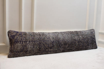 Vintage Turkish Kilim Lumbar Pillow Cover, 12x48 inch, Deep Gray Rug Cushion