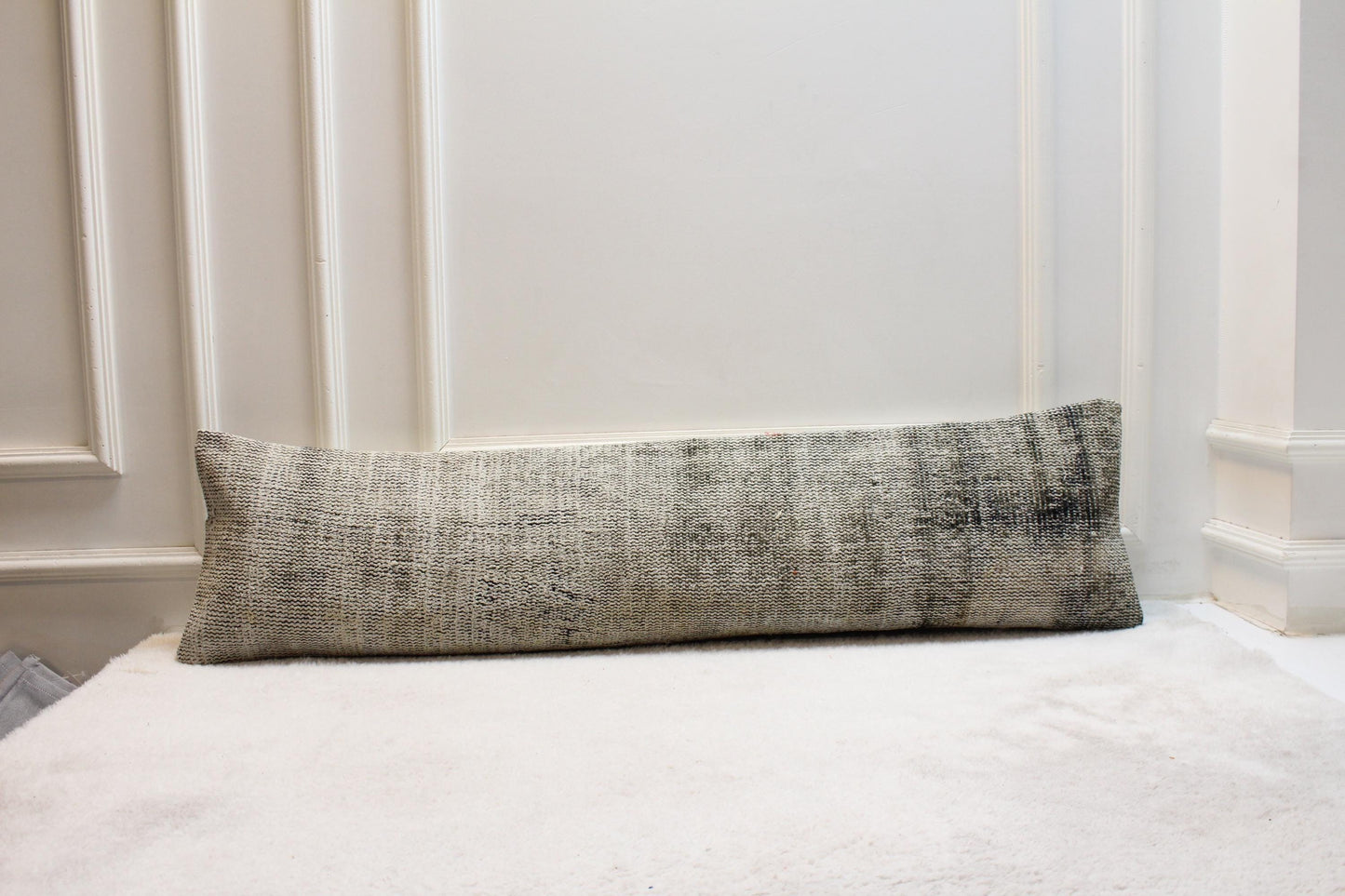 Handmade Gray Kilim Lumbar Pillow Cover, Turkish Rug Cushion 12x48