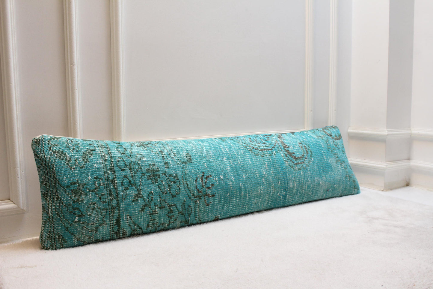 Vintage Turkish Kilim Lumbar Pillow Cover, 12x48, Blue Green Floral