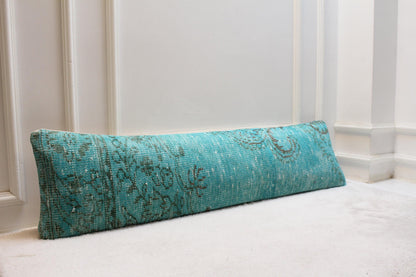 Vintage Turkish Kilim Lumbar Pillow Cover, 12x48, Blue Green Floral