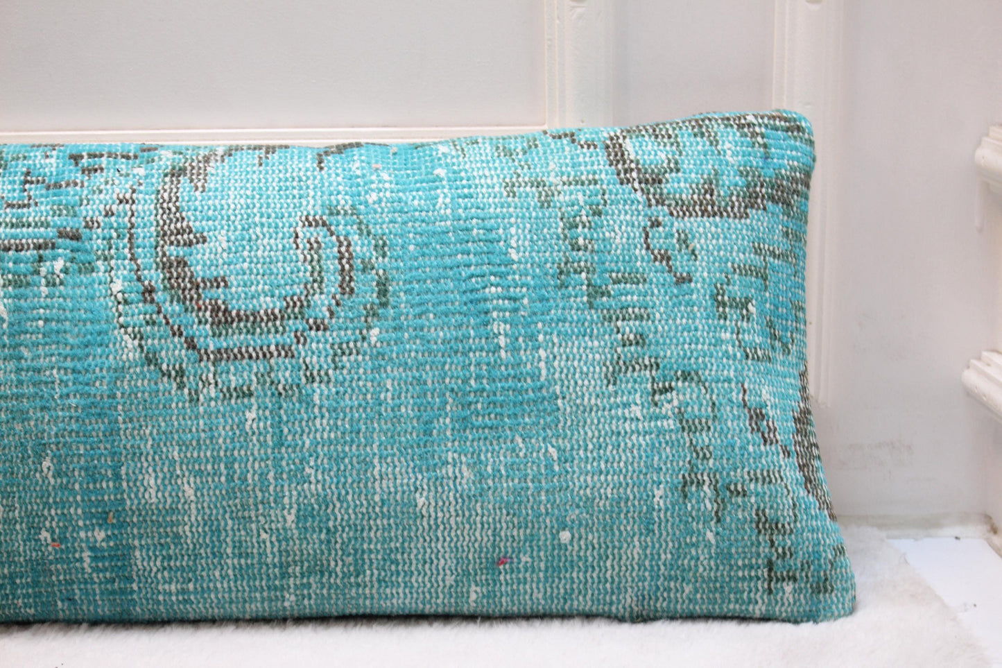 Vintage Turkish Kilim Lumbar Pillow Cover, 12x48, Blue Green Floral