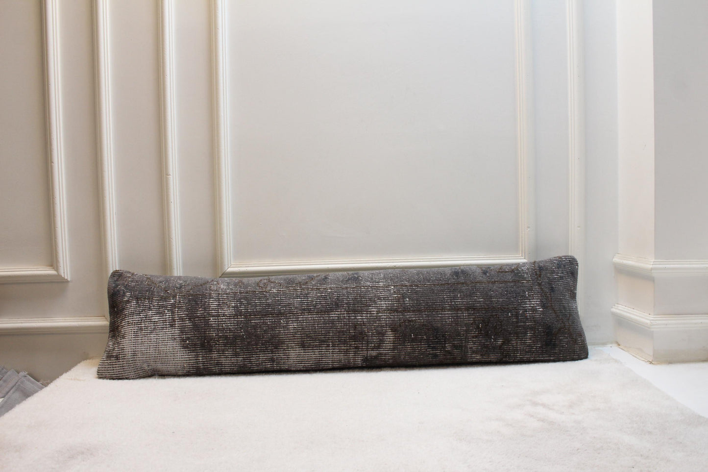 Handwoven Wool Kilim Pillow – Charcoal Turkish Lumbar Cushion, Boho Decor