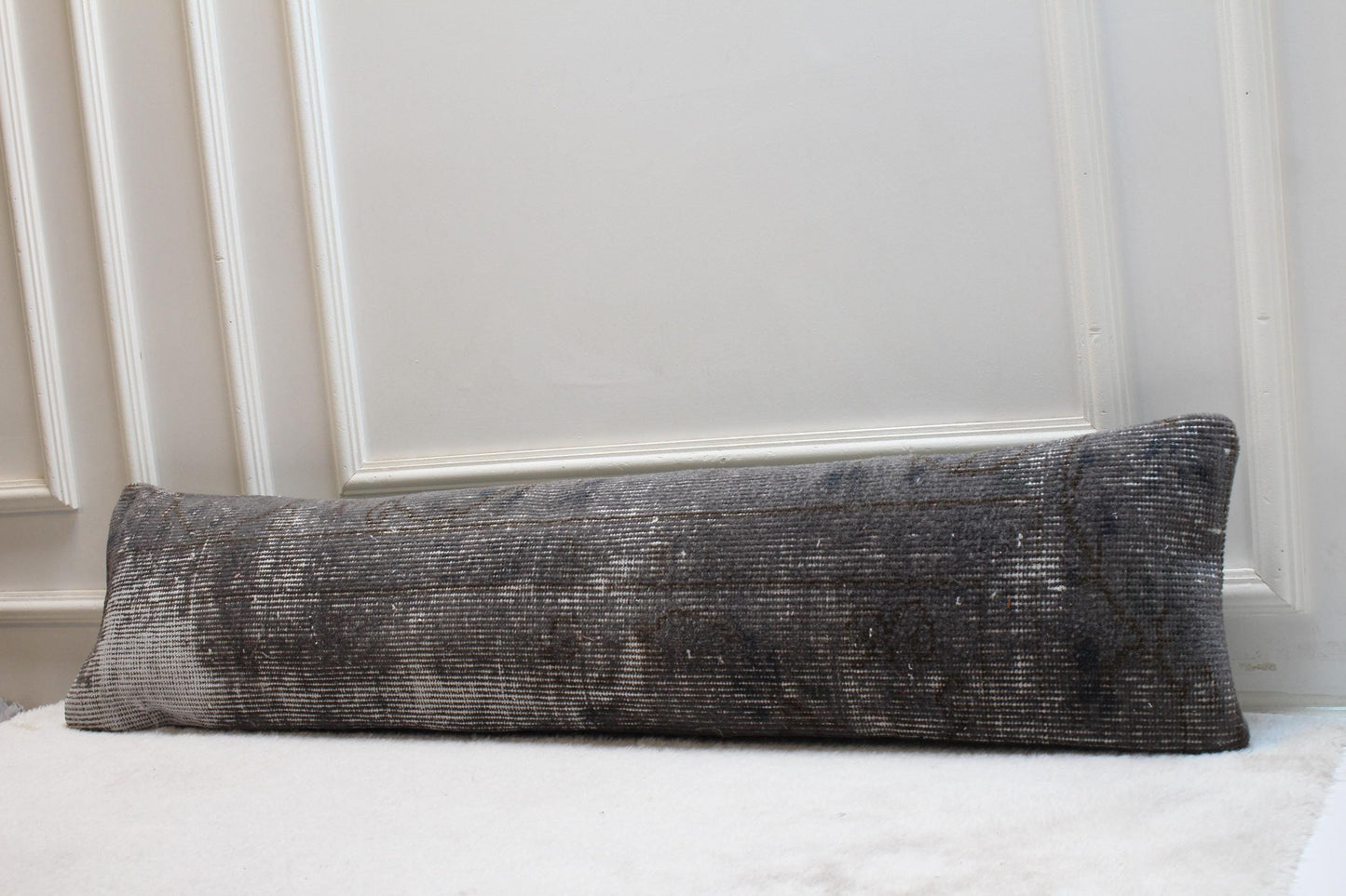 Handwoven Wool Kilim Pillow – Charcoal Turkish Lumbar Cushion, Boho Decor