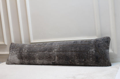 Handwoven Wool Kilim Pillow – Charcoal Turkish Lumbar Cushion, Boho Decor