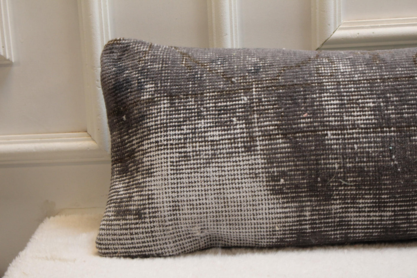 Handwoven Wool Kilim Pillow – Charcoal Turkish Lumbar Cushion, Boho Decor