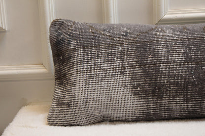 Handwoven Wool Kilim Pillow – Charcoal Turkish Lumbar Cushion, Boho Decor