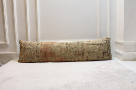 Authentic Turkish Kilim Pillow | Vintage Long Lumbar Style | Beige Boho Interior Accent