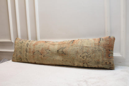 Beige & Terracotta Kilim Pillow | Handwoven Wool Lumbar Cushion 30x120” | Bohemian Accent