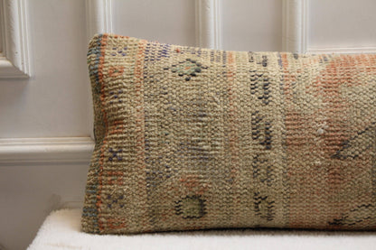 Beige & Terracotta Kilim Pillow | Handwoven Wool Lumbar Cushion 30x120” | Bohemian Accent