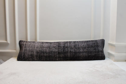 Vintage Charcoal Black Kilim Lumbar Pillow | Extra Long Turkish Cushion, 30x120"