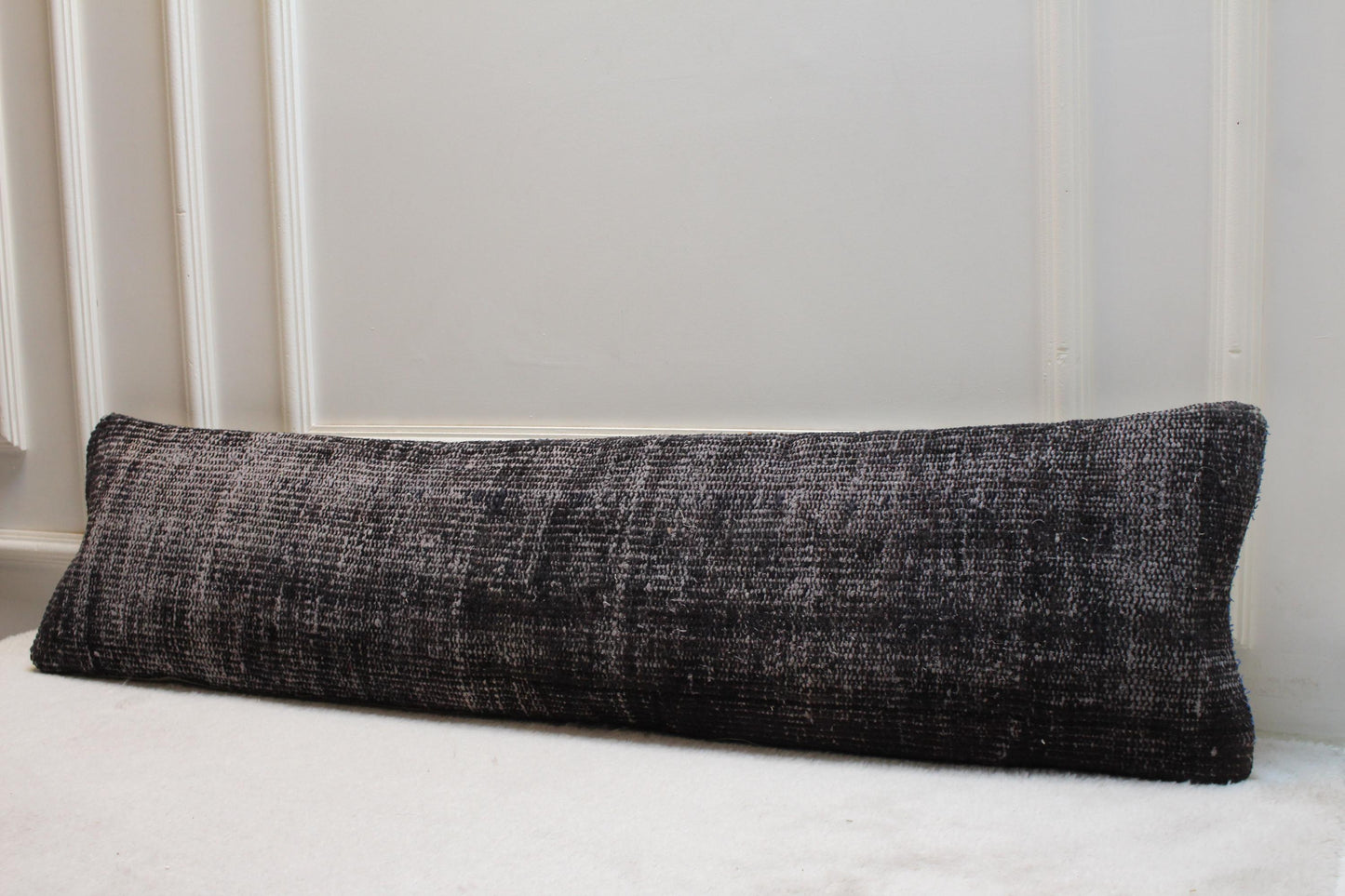 Vintage Charcoal Black Kilim Lumbar Pillow | Extra Long Turkish Cushion, 30x120"