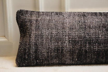 Vintage Charcoal Black Kilim Lumbar Pillow | Extra Long Turkish Cushion, 30x120"