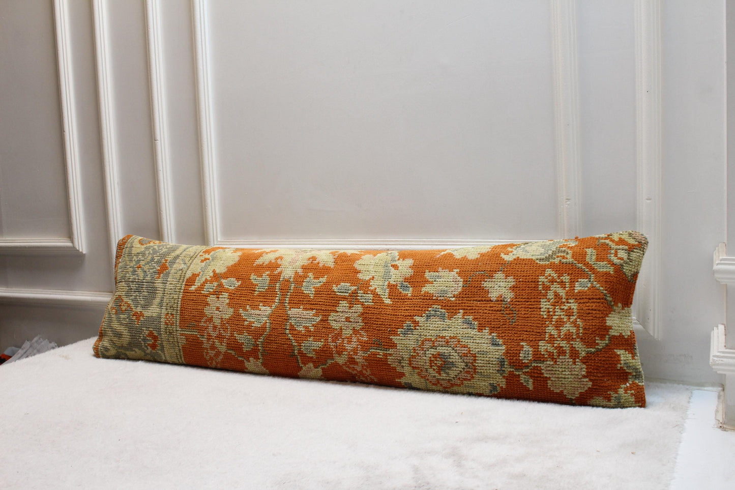 Handwoven Kilim Lumbar Pillow Cover | Turkish Orange Floral, 30x120"