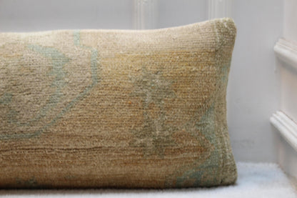 Turkish Kilim Lumbar Pillow Cover 30x120” | Handmade Vintage Beige Cushion