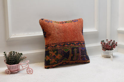 Handmade Turkish Rug Pillow Cover: Geometric Wool Throw Pillow (16x16 in)