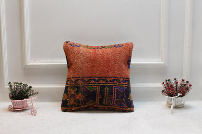 Handmade Turkish Rug Pillow Cover: Geometric Wool Throw Pillow (16x16 in)