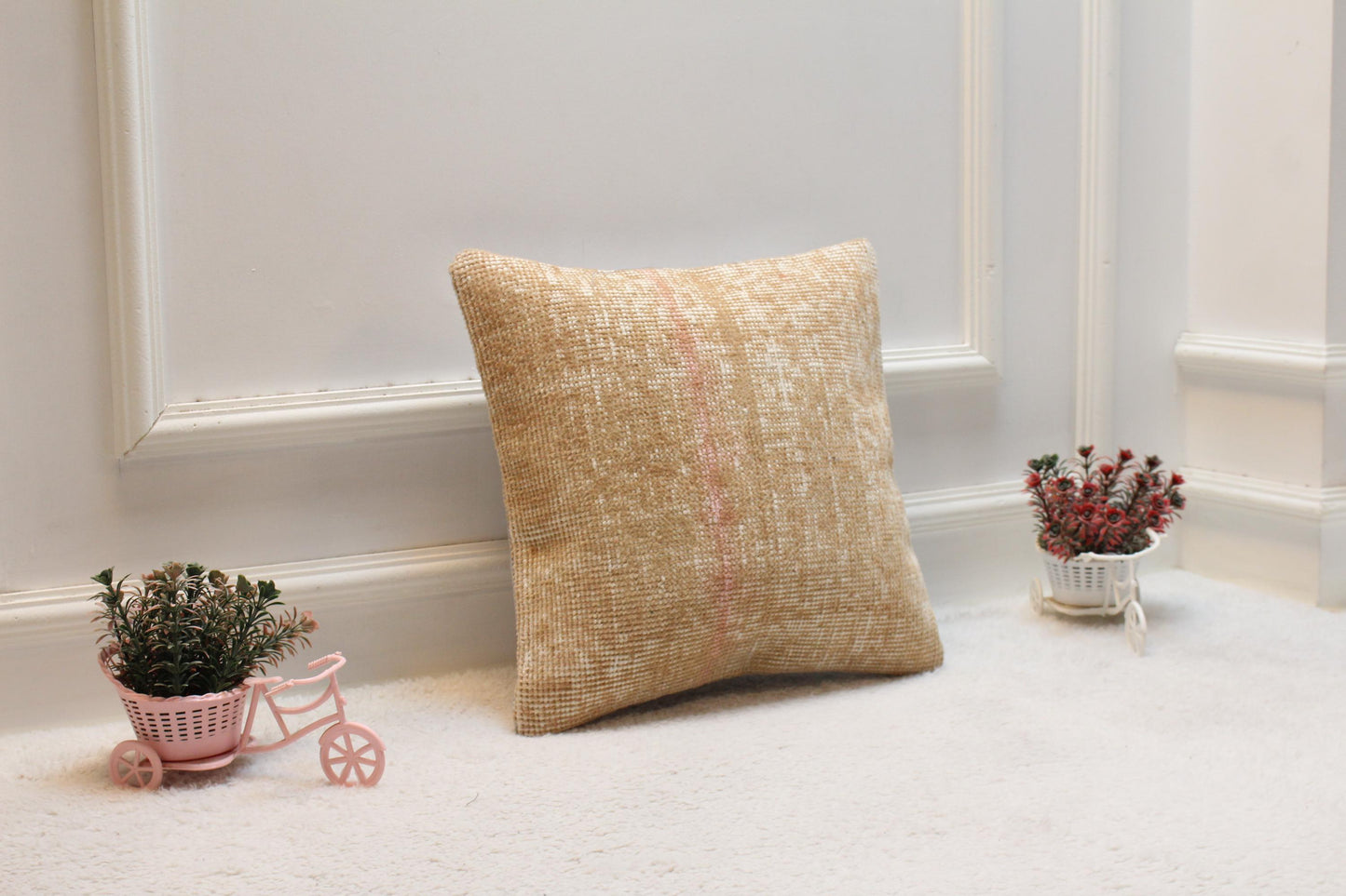 Beige Vintage Turkish Rug Pillow Cover: Handwoven Wool, 16x16 inc