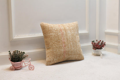 Beige Vintage Turkish Rug Pillow Cover: Handwoven Wool, 16x16 inc