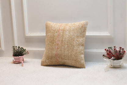 Beige Vintage Turkish Rug Pillow Cover: Handwoven Wool, 16x16 inc