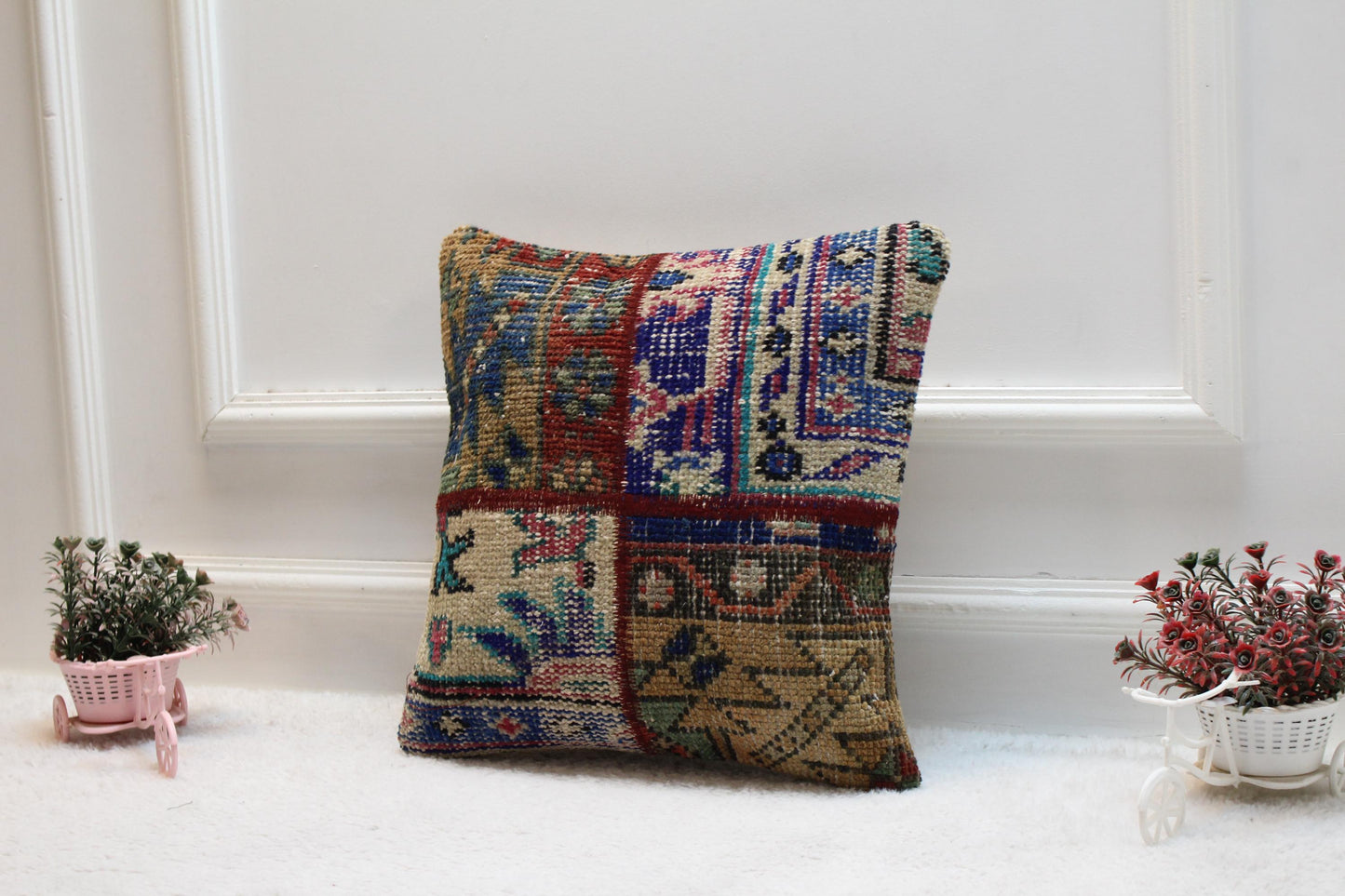 Patchwork Turkish Rug Pillow Cover: Rainbow Wool Kilim Pillow, 16x16