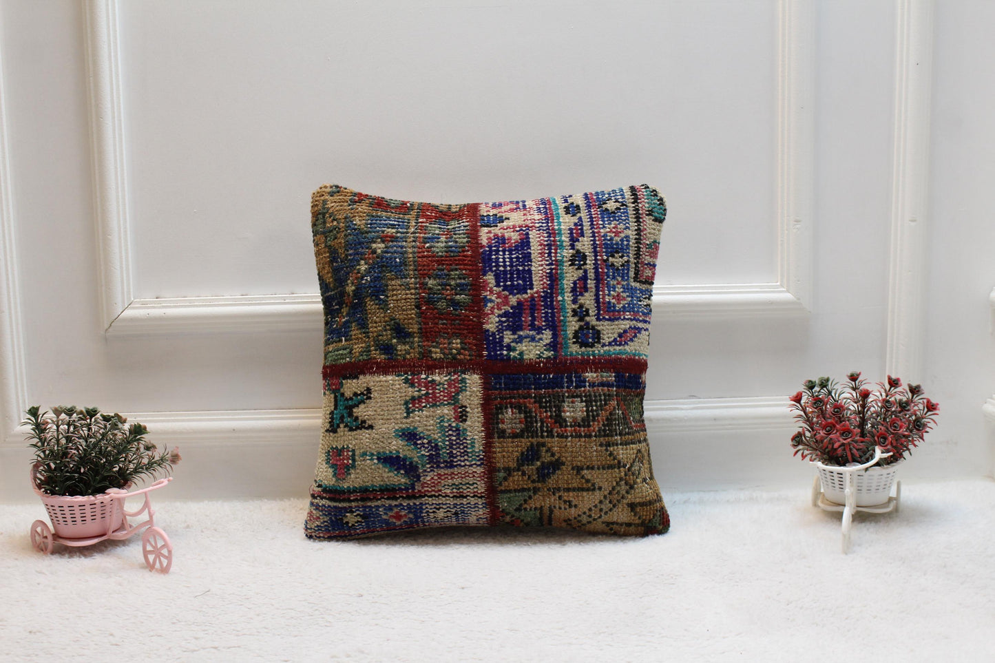Patchwork Turkish Rug Pillow Cover: Rainbow Wool Kilim Pillow, 16x16
