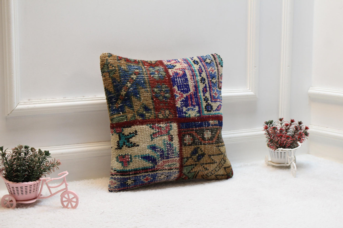 Patchwork Turkish Rug Pillow Cover: Rainbow Wool Kilim Pillow, 16x16
