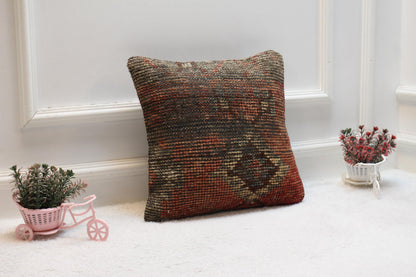 Handmade Geometric Turkish Rug Pillow Cover: Vintage Wool, 16x16 inch