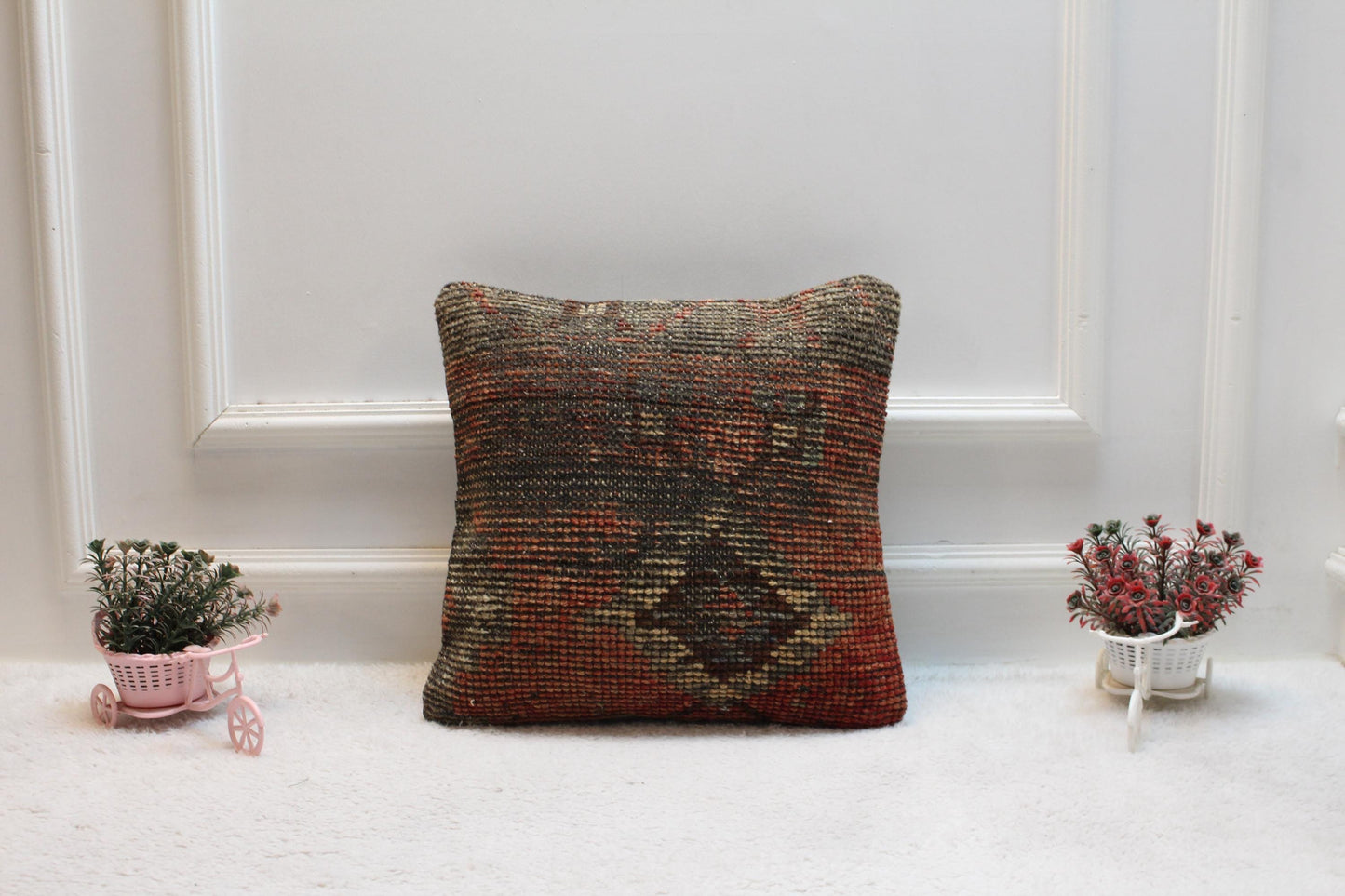 Handmade Geometric Turkish Rug Pillow Cover: Vintage Wool, 16x16 inch