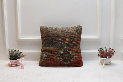 Handmade Geometric Turkish Rug Pillow Cover: Vintage Wool, 16x16 inch