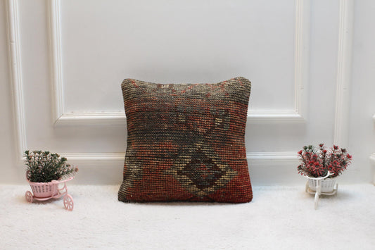 Handmade Geometric Turkish Rug Pillow Cover: Vintage Wool, 16x16 inch