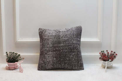 Handmade Gray Wool Kilim Pillow Cover: Vintage Turkish Rug, 16x16 inc